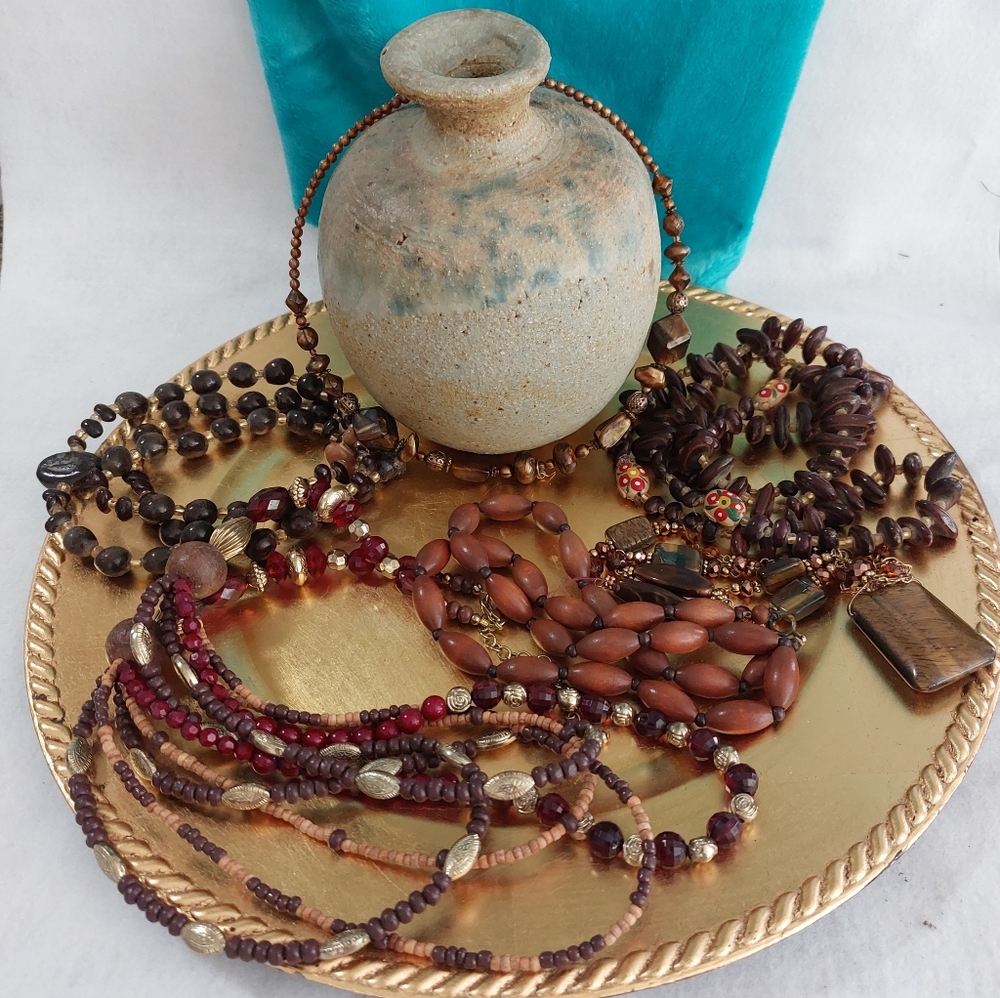 Brown Beaded Necklaces Lot of Six in Various Lengths and Material Estate Jewelry